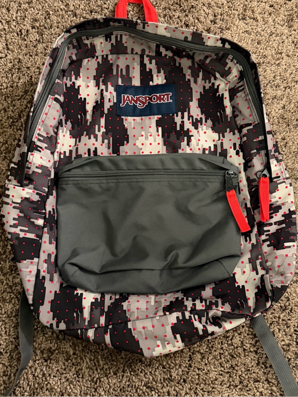 Jansport Gray & Black Pixel Print Backpack with Red Accents